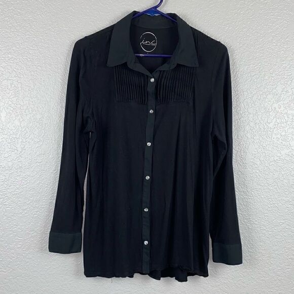 INC International Concepts Black Long Sleeve Button-Down Pleated Shirt Large - Picture 2 of 8